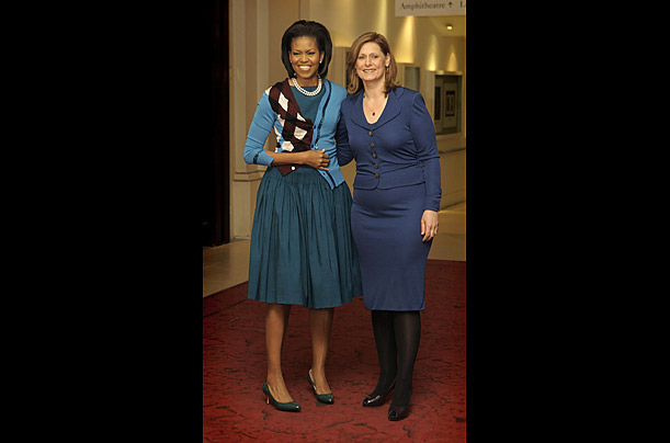 Michelle Obama stepped out in a funky argyle and sequin trimmed cardigan by the trendy Japanese designer Junya Watanabe